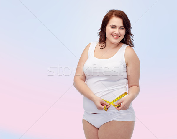 Boldog fiatal plus size nő mérőszalag fogyókúra Stock fotó © dolgachov