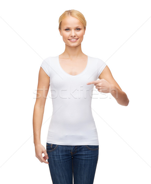 Femeie alb tricou proiect femeie zambitoare model Imagine de stoc © dolgachov