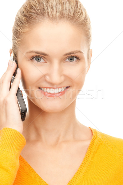 Foto stock: Feliz · mujer · teléfono · celular · Foto · teléfono · comunicación