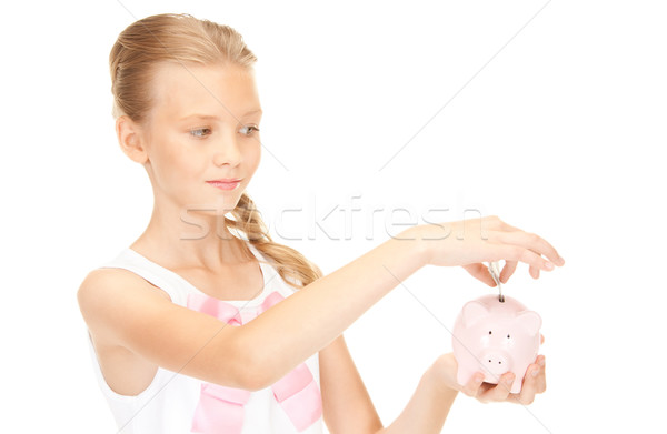 Foto stock: Piggy · bank · dinheiro · quadro · menina · feliz