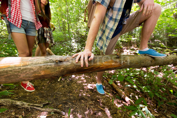 close up of friends with backpacks hiking Stock photo © dolgachov