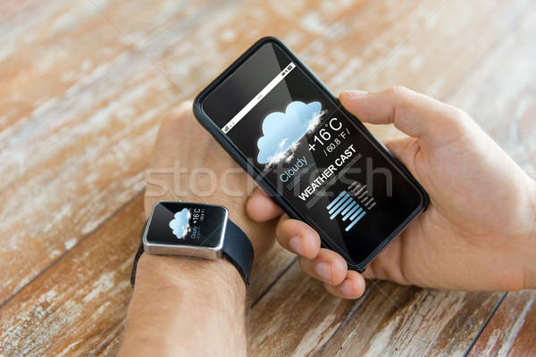 close up of hands with smart phone and watch Stock photo © dolgachov