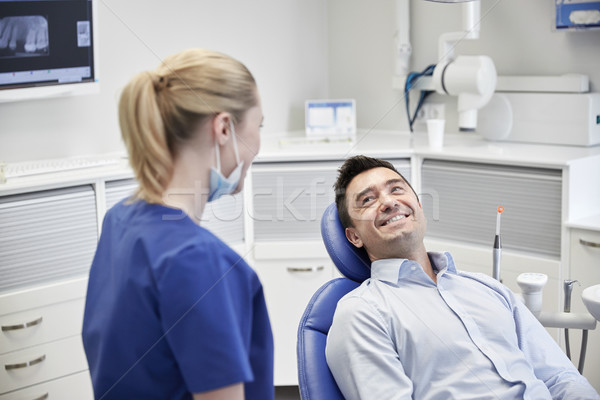 快樂 女 牙科醫生 男子 病人 診所 商業照片 © dolgachov