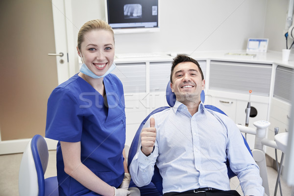 happy female dentist with man patient at clinic Stock photo © dolgachov