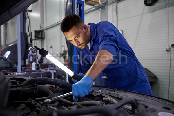 Mechaniker Mann Lampe Auto Workshop Stock foto © dolgachov