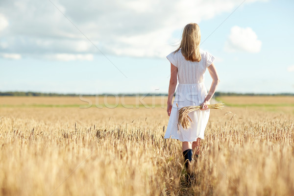 young woman with cereal spikelets walking on field Stock photo © dolgachov