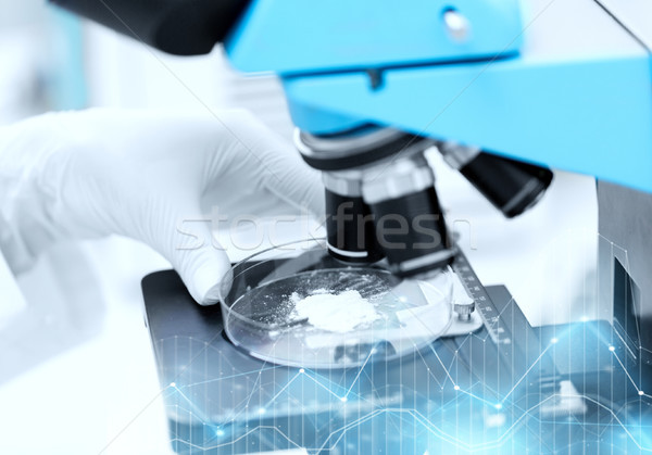 Közelkép kéz mikroszkóp por minta tudomány Stock fotó © dolgachov
