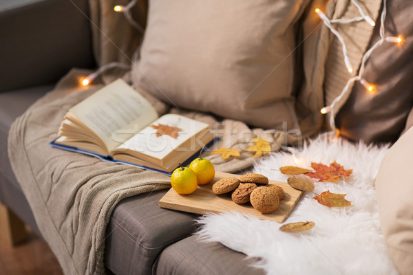 lemons, book, almond and oatmeal cookies on sofa Stock photo © dolgachov
