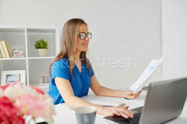 happy woman with laptop working at home or office Stock photo © dolgachov