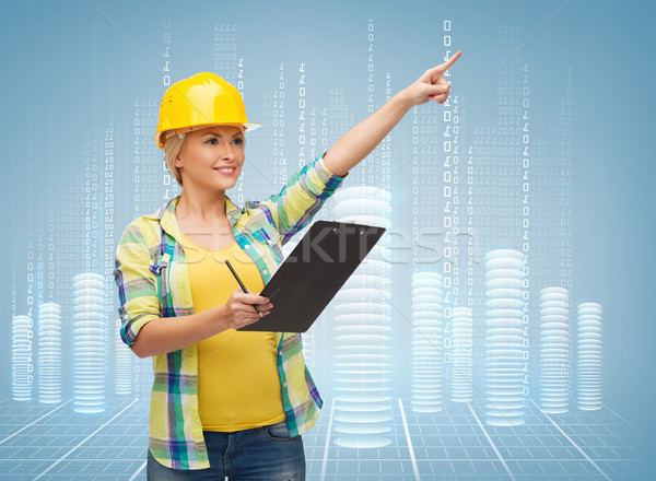 Foto stock: Sorrindo · capacete · clipboard · reparar · construção · manutenção