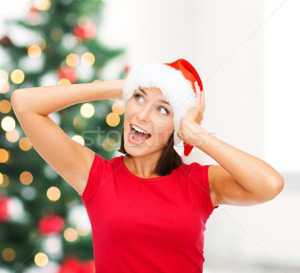 Stockfoto: Verwonderd · vrouw · helper · hoed · christmas
