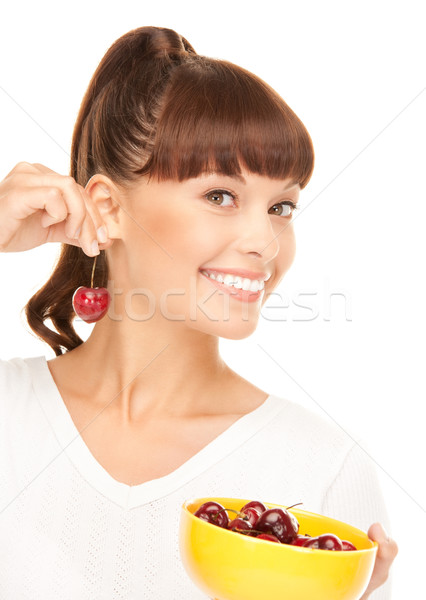 Foto stock: Mujer · cerezas · Foto · blanco · alimentos · feliz