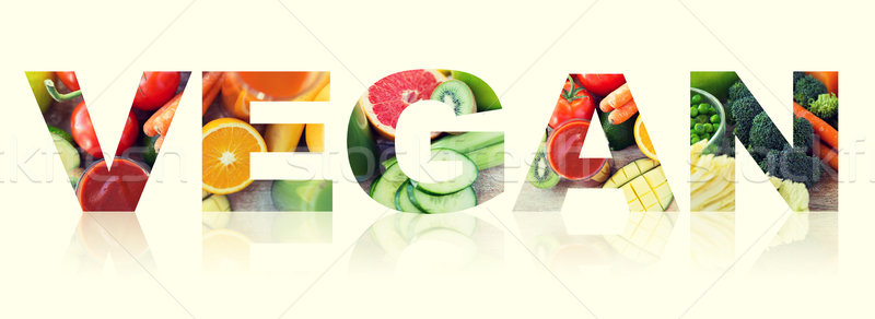 Vegan szó gyümölcsök zöldségek szöveg egészséges étkezés Stock fotó © dolgachov