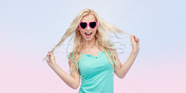 happy young blonde woman or teenager in sunglasses Stock photo © dolgachov