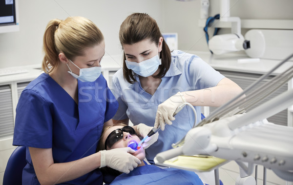 Vrouwelijke tandartsen patiënt meisje tanden mensen Stockfoto © dolgachov