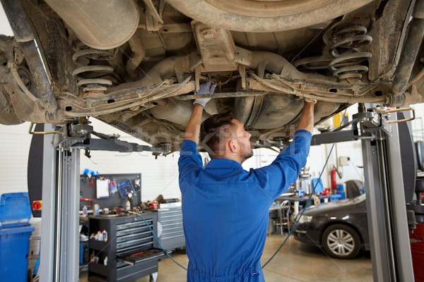Stock photo: mechanic man or smith repairing car at workshop