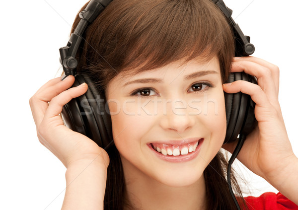 Foto stock: Feliz · grande · auriculares · Foto · mujer