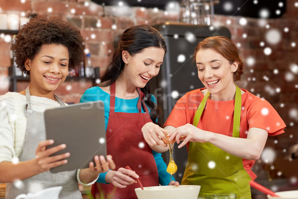 happy women with tablet pc in kitchen Stock photo © dolgachov