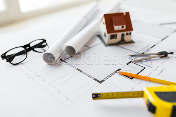 close up of architectural blueprint and tools Stock photo © dolgachov