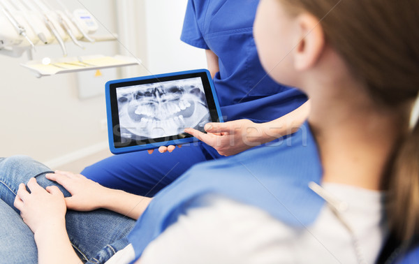 dentist showing x-ray on tablet pc to patient girl Stock photo © dolgachov