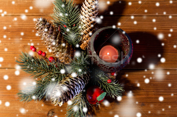 christmas fir branch decoration and candle lantern Stock photo © dolgachov