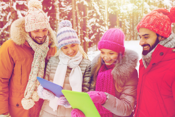 Stock foto: Lächelnd · Freunde · Winter · Wald · Technologie