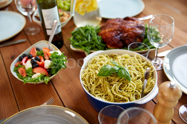 Pasta Basilikum Schüssel andere Essen Tabelle Stock foto © dolgachov