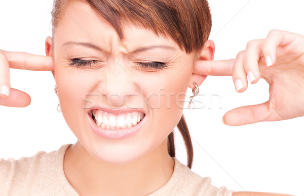 Foto stock: Infeliz · mulher · dedos · orelhas · quadro · jovem