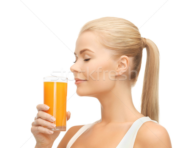 Stockfoto: Jonge · vrouw · drinken · sinaasappelsap · foto · vrouw · gelukkig