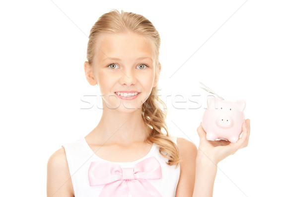 Foto stock: Piggy · bank · dinheiro · quadro · menina · feliz