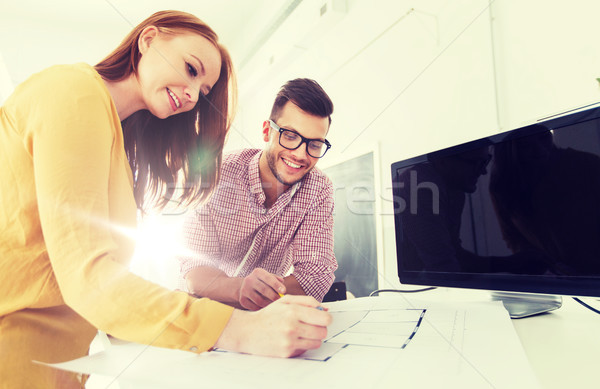 creative team with blueprint working at office Stock photo © dolgachov