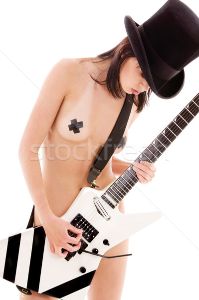 Rock babe vrouw top hoed elektrische gitaar Stockfoto © dolgachov