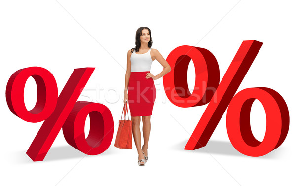 Vrouw twee groot Rood procent borden Stockfoto © dolgachov