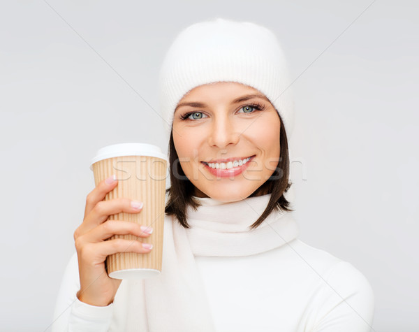 Stock photo: woman in hat with takeaway tea or coffee cup