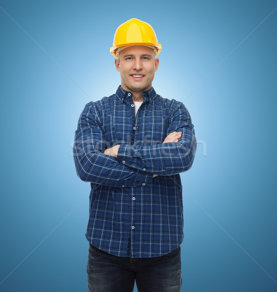 Mosolyog férfi építész utasítás munkás sisak Stock fotó © dolgachov