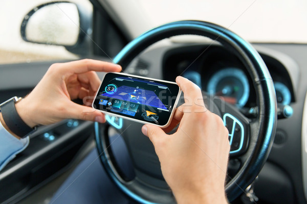 hands with navigator on smartphone in car Stock photo © dolgachov