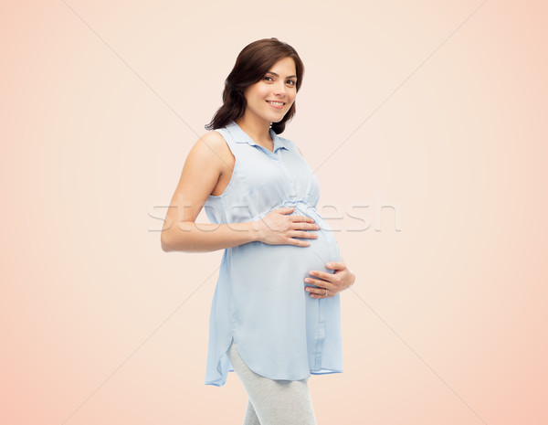 Foto stock: Feliz · mulher · grávida · tocante · grande · barriga · gravidez