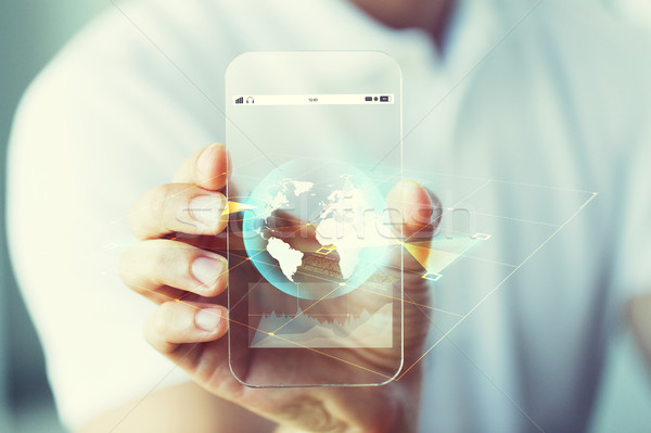 Stock photo: close up of hand with earth globe on smartphone