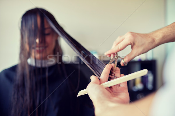 Stock foto: Glücklich · Frau · Stylistin · Schneiden · Friseursalon · Schönheit