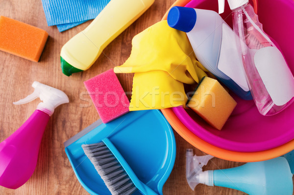 basin with cleaning stuff on wooden floor Stock photo © dolgachov