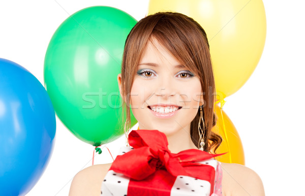 Stockfoto: Partij · meisje · ballonnen · geschenkdoos · gelukkig