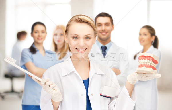 Stock photo: doctor with toothbrush and jaws