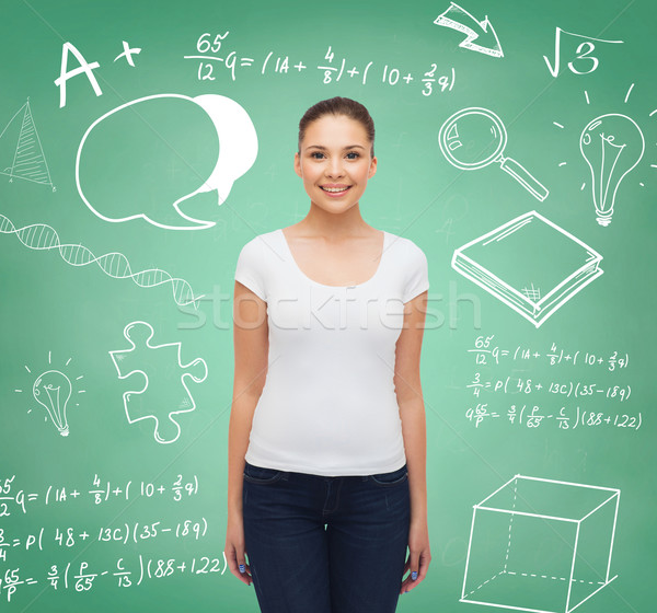 Stockfoto: Glimlachend · jonge · vrouw · witte · tshirt · reclame · onderwijs