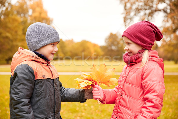 [[stock_photo]]: Peu · garçon · automne · érable · laisse · fille