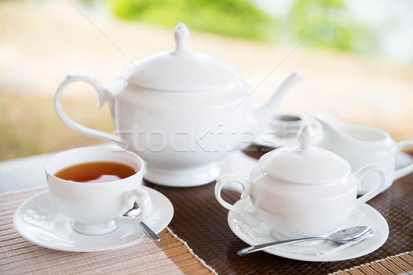 close up of tea service at restaurant or teahouse Stock photo © dolgachov