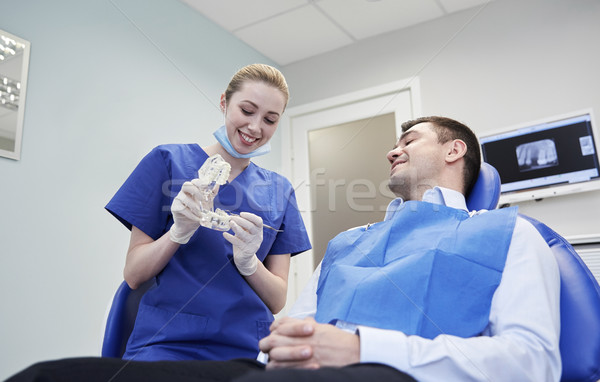 happy dentist showing jaw layout to male patient Stock photo © dolgachov