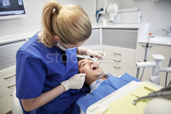 female dentist checking up male patient teeth Stock photo © dolgachov