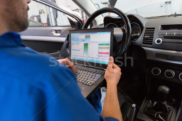 mechanic man with laptop making car diagnostic Stock photo © dolgachov