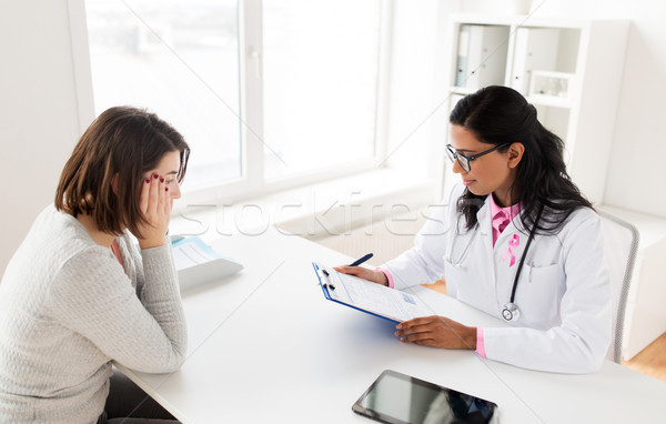 doctor with pink awareness ribbon and patient Stock photo © dolgachov