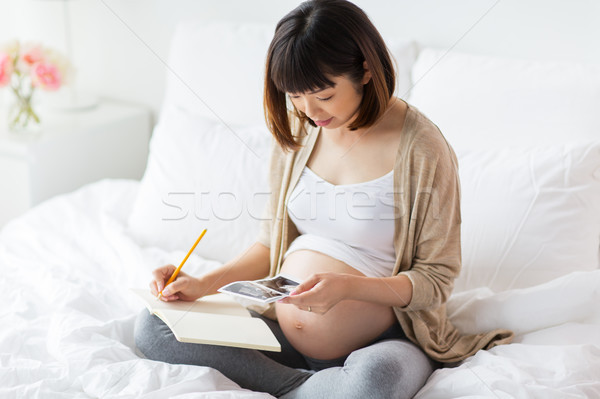 pregnant woman with fetal ultrasound image at home Stock photo © dolgachov